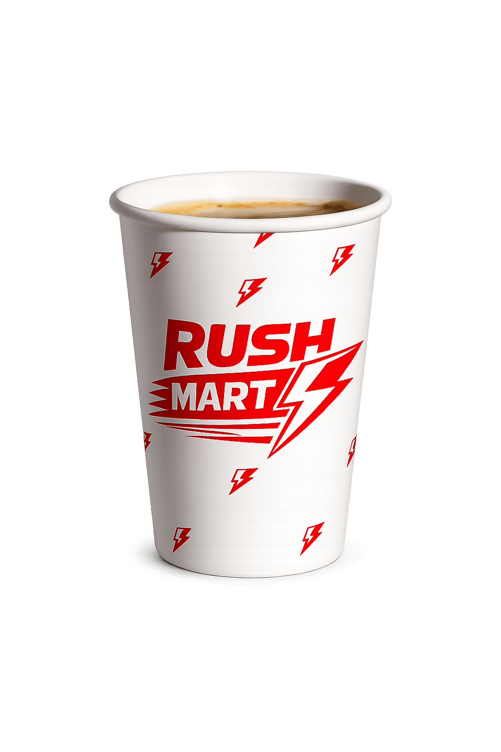 Rush Mart coffee cup with fresh coffee